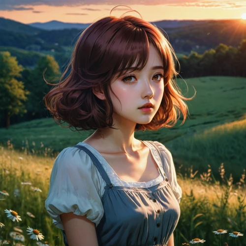 hoshihananomia,fantasy portrait,heatherley,romantic portrait,yuna,ghibli,world digital painting,mizuhara,belle,xiaolu,annie,landscape background,meadow,girl portrait,flower in sunset,maeve,summer evening,aerith,mystical portrait of a girl,portrait background,Illustration,Realistic Fantasy,Realistic Fantasy 15