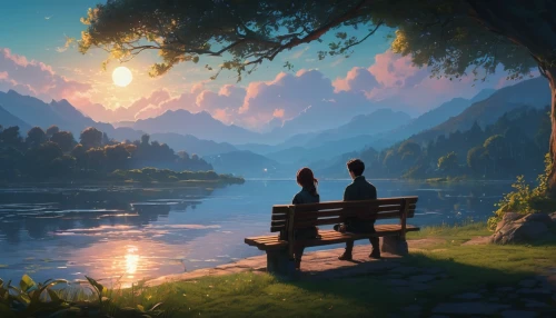 romantic scene,idyll,landscape background,evening atmosphere,eventide,fantasy picture,summer evening,evening lake,wooden bench,fantasy landscape,world digital painting,bench,park bench,benches,skywatchers,seclude,romantic night,idyllic,cartoon video game background,game illustration,Photography,General,Fantasy