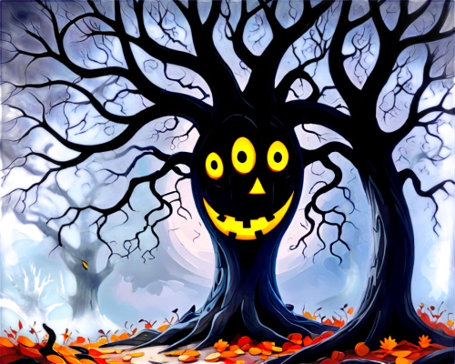 halloween background,halloween vector character,halloween bare trees,halloween wallpaper,halloween illustration,halloween poster,halloween banner,creepy tree,samhain,garrison,jack o'lantern,jack o' lantern,halloween icons,halloween scene,burning tree trunk,autumn icon,halloweenchallenge,halloween frame,pumpkin lantern,haunted forest,Conceptual Art,Oil color,Oil Color 20