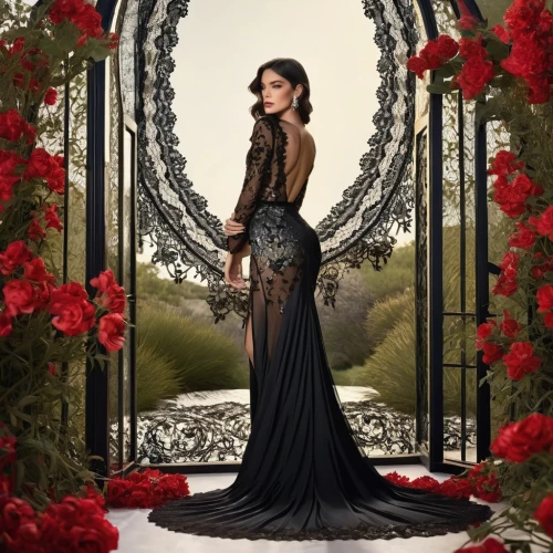 gothic dress,roses frame,victoriana,floral frame,tahiliani,black rose,swath,floral silhouette frame,flower frame,queen of the night,eveningwear,rose frame,rose arch,magic mirror,dior,with roses,elegant,elegance,elegante,persephone,Photography,Fashion Photography,Fashion Photography 12