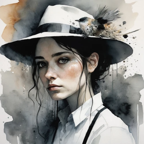 eponine,liesel,dennings,girl wearing hat,jover,straw hat,jeanneney,behenna,black hat,rone,clementine,rosita,northanger,woman's hat,croft,watercolor,the hat of the woman,countrywomen,etty,the hat-female,Illustration,Realistic Fantasy,Realistic Fantasy 29