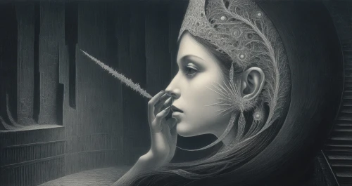 art deco woman,giger,fornasetti,harpist,harp player,surrealist,phleger,woman thinking,surrealism,savickas,violin woman,celtic harp,dark art,horn of amaltheia,mirrormask,biomechanical,idealised,mezzotint,christakis,wieslaw,Illustration,Black and White,Black and White 23