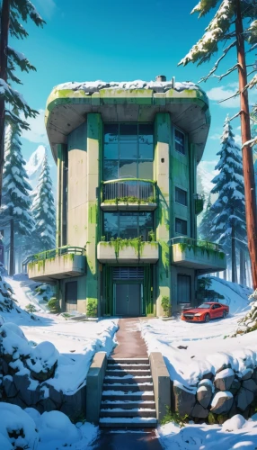 snowhotel,winter house,snow house,ski resort,forest house,cubic house,zoku,greenhut,snow roof,house in the forest,ski station,ski facility,cube house,house in the mountains,owl background,holiday complex,research station,ouko,outpost,house in mountains,Illustration,Japanese style,Japanese Style 03