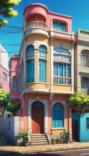 colorful facade,apartment house,honolulu,machico,kotoko,dreamhouse,an apartment,apartment building,rowhouse,townhouses,townhouse,shophouses,house painting,apartment complex,mansard,townhomes,apartado,colorful city,shared apartment,apartment block,Illustration,Japanese style,Japanese Style 03