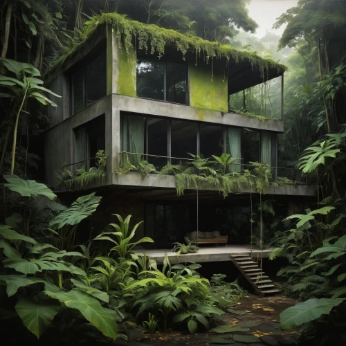 forest house,house in the forest,tropical house,yavin,rainforest,philodendrons,tropical forest,rain forest,jungles,rainforests,tropical greens,green living,greenhut,tropical jungle,jungly,gondwanaland,cube house,verdant,yasuni,cubic house,Illustration,Abstract Fantasy,Abstract Fantasy 18