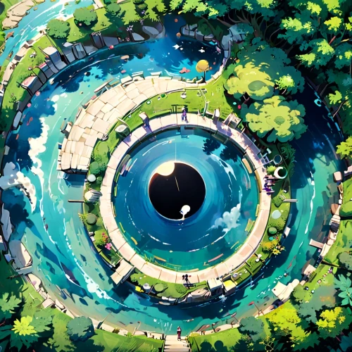 crescent spring,roundabout,swim ring,cataract,overworld,abstract eye,water spring,spiral,crocodile eye,time spiral,toroid,uzumaki,takahata,mizumaki,cosmic eye,highway roundabout,mountain spring,circle,ghibli,oval,Anime,Anime,Traditional