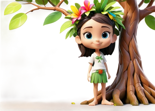 girl with tree,hula,cute cartoon image,polynesian girl,chipko,menehune,arrietty,cute cartoon character,girl in a wreath,little girl fairy,moana,dryad,the girl next to the tree,wahine,marie leaf,tinkerbell,korowai,lilo,agnes,diwata,Unique,3D,3D Character