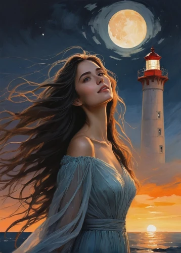 lighthouse,fantasy picture,moonlit night,world digital painting,fantasy art,petit minou lighthouse,moondance,phare,romantic portrait,guiding light,moonrise,moonlit,light house,lighthouses,dreamtime,moonlighted,moon shine,sea night,full moon,dreamscapes,Illustration,Paper based,Paper Based 05