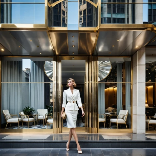 concierge,glass facade,woodsen,claridges,metallic door,superlobbyist,art deco woman,glass wall,gundlach,roitfeld,art deco,swankier,lucite,corinthia,business woman,breakfast at tiffany's,streitfeld,ivanka,tishman,glass facades,Photography,General,Realistic