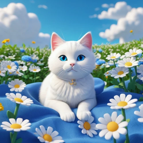 cat on a blue background,white cat,snowbell,flower cat,flower background,cute cat,kittu,blue eyes cat,blossom kitten,cute cartoon image,cat with blue eyes,spring background,cartoon cat,cute cartoon character,springtime background,bittu,cat image,flower animal,alberty,doll cat,Unique,3D,3D Character