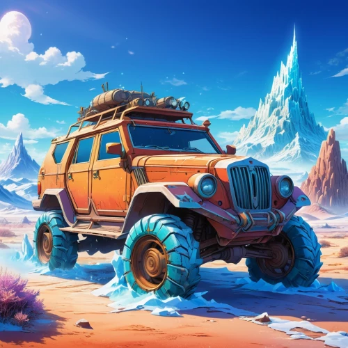 wildstar,overland,uaz,expedition,off-road vehicle,new vehicle,off road vehicle,desert background,off-road vehicles,onrush,desert run,overlander,all-terrain vehicle,rust truck,jeep,off-road car,overlanders,cartoon video game background,desert safari,ice planet,Illustration,Japanese style,Japanese Style 03
