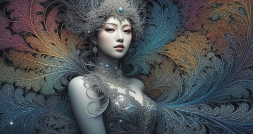 fantasy art,fairie,the snow queen,amano,guanyin,fractals art,oriental princess,viveros,fairy peacock,concubine,melusine,queen of the night,faerie,fairy queen,suit of the snow maiden,bodypainting,moondragon,jianfeng,the enchantress,homogenic,Illustration,Japanese style,Japanese Style 18