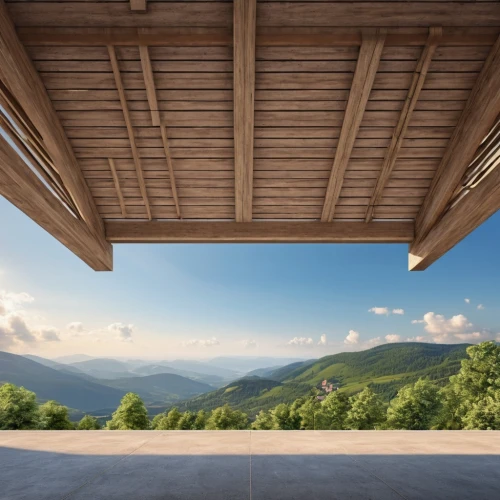 wooden roof,roof landscape,wooden beams,folding roof,pergola,roof structures,roof truss,carport,house roof,blue ridge mountains,cantilevers,covered bridge,carports,cantilevered,coffered,veranda,wood structure,snohetta,soffits,view panorama landscape,Photography,General,Realistic