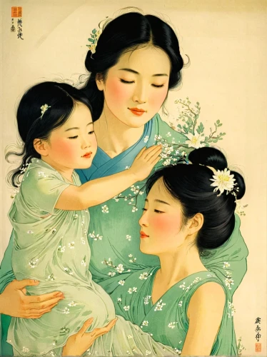 ukiyoe,mother with children,oriental painting,mother and children,geishas,japanese art,guqin,haiping,the mother and children,guosen,yiping,ugetsu,huijin,sichuanese,arhats,maternal,zuoying,little girl and mother,chuseok,uemura,Illustration,Japanese style,Japanese Style 21