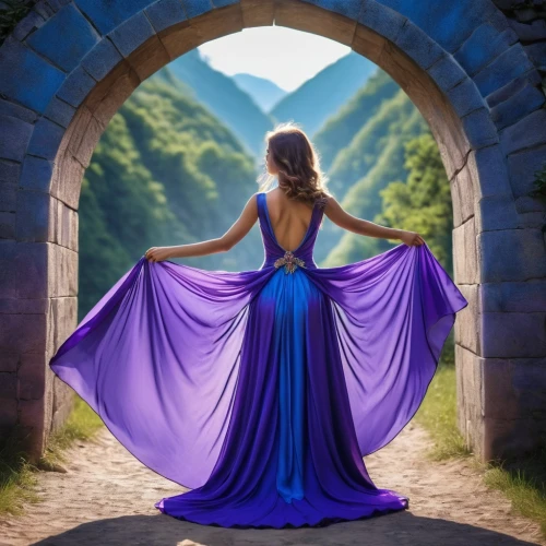 celtic woman,fantasy picture,ball gown,girl in a long dress,purple dress,fantasy art,ballgown,purple,morado,blue enchantress,megara,sailing blue purple,enchantment,fantasy woman,rapunzel,purple blue,violet colour,fairytale,girl in a long dress from the back,fairy tale,Photography,General,Realistic