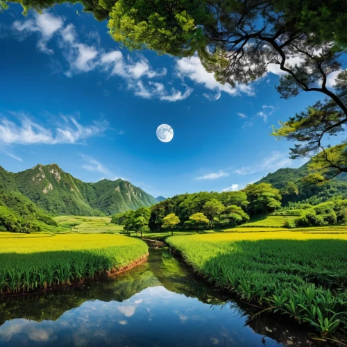 nature wallpaper,nature background,green landscape,meadow landscape,landscape background,nature landscape,beautiful landscape,background view nature,landscape nature,natural scenery,windows wallpaper,landscapes beautiful,japan landscape,the natural scenery,beautiful nature,mountainous landscape,beautiful japan,aaaa,mirror in the meadow,paysage,Art,Artistic Painting,Artistic Painting 24