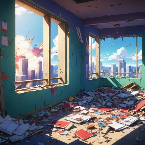 abandoned room,study room,roominess,book wallpaper,classroom,abandoned school,room,dayroom,sky apartment,blue room,class room,book wall,aftermath,abandoned,scrapbooks,debris,exploded,windows,one room,pile of books,Illustration,Japanese style,Japanese Style 03