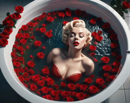 the girl in the bathtub,bathtub,porcelain rose,rose petals,marilyn monroe,marilyn,marylyn monroe - female,marylin,marilynne,madonna,red roses,reductive,bidet,toilette,roses,toilet table,flush,bathtubs,marilyng,tub,Photography,General,Sci-Fi
