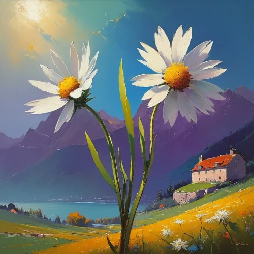 daisies,flower painting,daisy flowers,white daisies,blue daisies,sun daisies,marguerite daisy,marguerite,nestruev,australian daisies,daisy flower,mountain flowers,margueritte,world digital painting,flower illustrative,yellow daisies,alpine flowers,springtime background,landscape background,sunflowers in vase,Conceptual Art,Sci-Fi,Sci-Fi 22