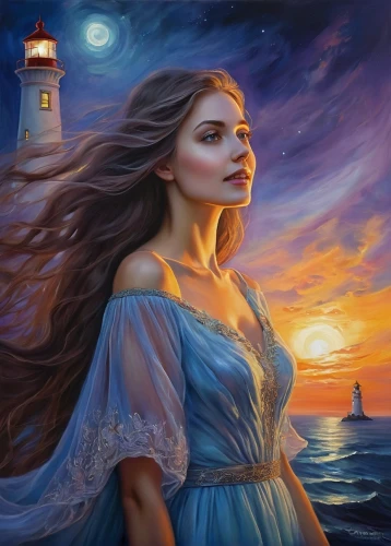 fantasy picture,romantic portrait,world digital painting,mystical portrait of a girl,the wind from the sea,lighthouse,fantasy art,the sea maid,fantasy portrait,oil painting on canvas,sea night,celtic woman,blue moon rose,laoghaire,fathom,art painting,ariadne,guiding light,by the sea,at sea,Illustration,Realistic Fantasy,Realistic Fantasy 30