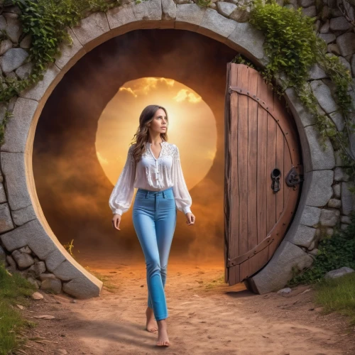 fantasy picture,hobbiton,photo manipulation,photoshop manipulation,fairy door,girl walking away,celtic woman,woman walking,image manipulation,keyhole,photomanipulation,margairaz,girl with a wheel,portals,heaven gate,the mystical path,wall tunnel,compositing,tunneled,the threshold of the house,Photography,General,Realistic