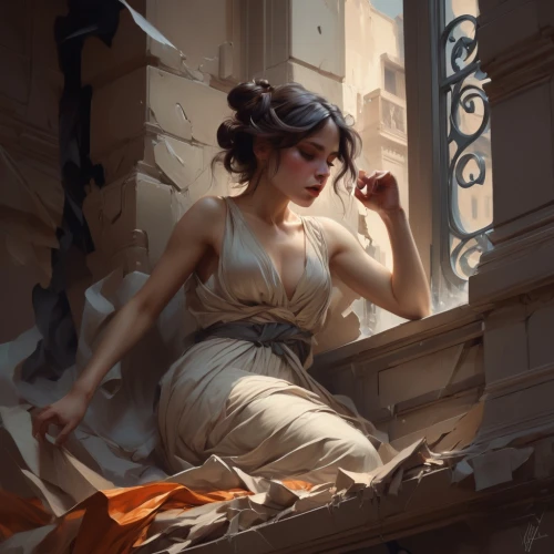 girl on the stairs,overpainting,woman playing,clytemnestra,circe,tiber riven,andromache,messalina,mostapha,leyendecker,art deco woman,ceromitia,bacchante,medea,figurehead,ryswick,heatherley,hypatia,megara,maenad,Conceptual Art,Fantasy,Fantasy 01