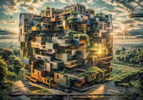 ecotopia,cubic house,terraform,cube house,fractals art,cube stilt houses,kimmelman,hypercube,arcology,magic cube,pixel cube,cubic,fractal environment,menger sponge,habitat 67,hyperreality,besiege,inhabitation,rubics cube,cubes