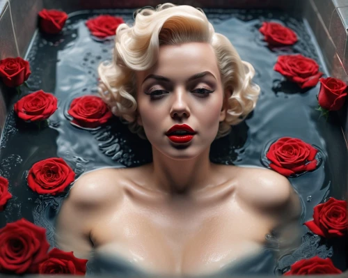 reductive,the girl in the bathtub,bathwater,valentine day's pin up,marilynne,valentine pin up,water rose,derivable,red lips,bathtub,red roses,red rose,rose petals,the blonde in the river,marilyng,marylyn monroe - female,scent of roses,roseland,rose png,hard candy,Photography,General,Sci-Fi