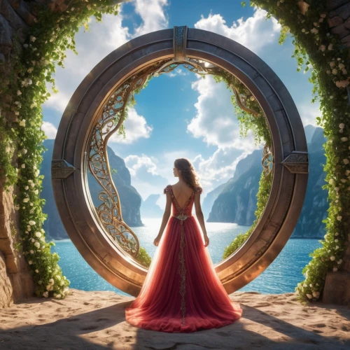 semi circle arch,celtic woman,portals,stargates,girl in a wreath,fantasy picture,rose arch,round arch,porthole,door wreath,circle shape frame,rose wreath,round window,magic mirror,life is a circle,iron ring,golden wreath,heaven gate,ozma,circular,Photography,General,Realistic