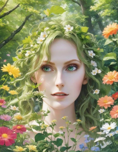 faery,faerie,girl in flowers,fairie,flower fairy,elven flower,dryad,seelie,fae,garden fairy,beautiful girl with flowers,primavera,fantasy portrait,spring crown,flora,fairy queen,galadriel,girl in the garden,spring background,girl in a wreath,Digital Art,Anime