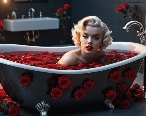 the girl in the bathtub,bathtub,valentine day's pin up,marylin monroe,rose petals,valentine pin up,marilyn monroe,with roses,red roses,marylin,red rose,tub,marilynne,scent of roses,bathtubs,bathwater,porcelain rose,roses,bathe,scarlett,Photography,General,Sci-Fi