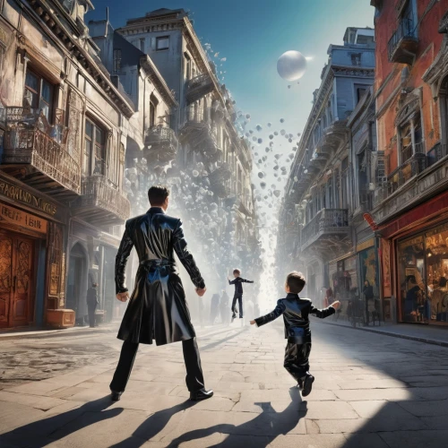 mary poppins,dishonored,poppins,fantasy picture,nightwing,sci fiction illustration,the city of mozart,gondolin,compositing,photomanipulation,lyon,skyflower,theed,3d fantasy,imaginarium,photoshop manipulation,photo manipulation,jablonsky,ezio,harnam,Illustration,Black and White,Black and White 03