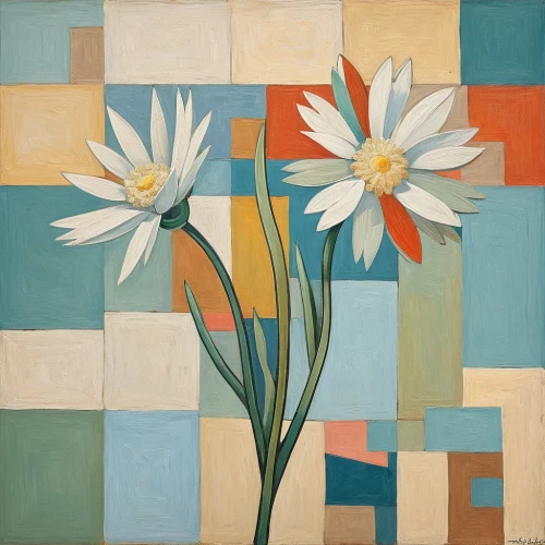 mondrian,floral composition,blue daisies,marguerite,mondriaan,margueritte,still life of spring,marguerite daisy,white daisies,flower painting,blumenfeld,narciso,abstract flowers,retro modern flowers,three flowers,bluemner,minimalist flowers,weixler,mcbride,daisies,Art,Artistic Painting,Artistic Painting 45