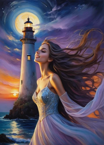 lighthouse,fantasy picture,celtic woman,atlantica,light house,fantasy art,lighthouses,world digital painting,guiding light,amphitrite,the wind from the sea,the sea maid,phare,dreamscapes,mermaid background,sea fantasy,fathom,romantic portrait,enchantment,ariadne,Illustration,Realistic Fantasy,Realistic Fantasy 30