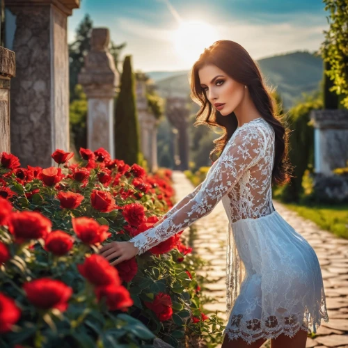 beautiful girl with flowers,romantic portrait,celtic woman,triss,cemetery flowers,romantic look,magnolia cemetery,scent of roses,girl in flowers,splendor of flowers,with roses,way of the roses,girl in a long dress,vintage floral,flower garden,cemetary,romantic rose,sirenia,girl in the garden,holding flowers,Photography,General,Realistic
