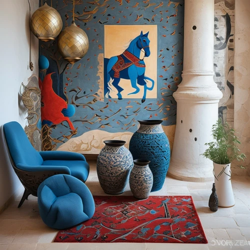 moroccan pattern,bohemian art,interior decor,interior decoration,decorative art,gournay,contemporary decor,painted horse,fromental,modern decor,boho art style,the horse-rocking chair,wall decoration,decors,wallcoverings,decor,decoratifs,boho art,motifs of blue stars,wall painting,Illustration,Realistic Fantasy,Realistic Fantasy 06