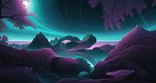 mushroom landscape,beautiful wallpaper,fantasy landscape,unicorn background,lunar landscape,oscura,fractal environment,alien world,purple landscape,vast,samsung wallpaper,rift,purple wallpaper,futuristic landscape,forest dark,dusk background,alien planet,nightscape,auroras,haunted forest,Illustration,Realistic Fantasy,Realistic Fantasy 25