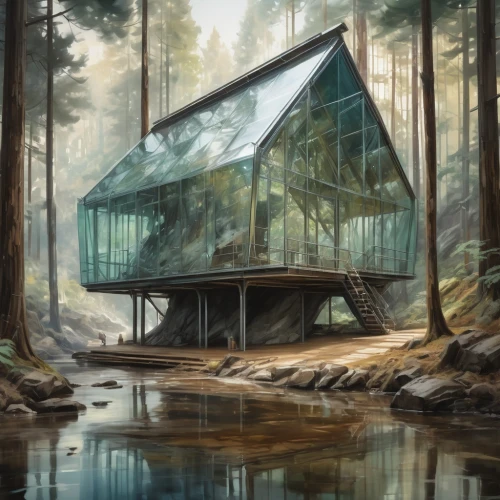 house in the forest,forest house,cubic house,cube house,house in the mountains,house in mountains,mirror house,house with lake,the cabin in the mountains,cube stilt houses,house by the water,electrohome,inverted cottage,greenhouse cover,dreamhouse,log home,glasshouse,timber house,greenhouse,wooden house,Conceptual Art,Fantasy,Fantasy 01