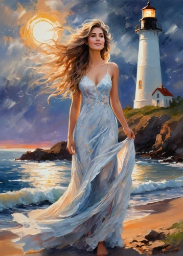 lighthouse,celtic woman,fantasy picture,light house,phare,lighthouses,world digital painting,guiding light,fantasy art,romantic portrait,windblown,the wind from the sea,photo painting,amphitrite,art painting,donsky,little girl in wind,lightkeeper,liberto,electric lighthouse,Conceptual Art,Oil color,Oil Color 10