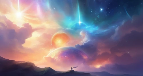 fantasy landscape,unicorn background,astral traveler,fantasy picture,celestial,nebulos,auroral,celestial event,heavenly ladder,heavenward,dreamscape,world digital painting,supergiant,starscape,art background,dreamstone,vast,dusk background,the pillar of light,skyfire,Illustration,Realistic Fantasy,Realistic Fantasy 01