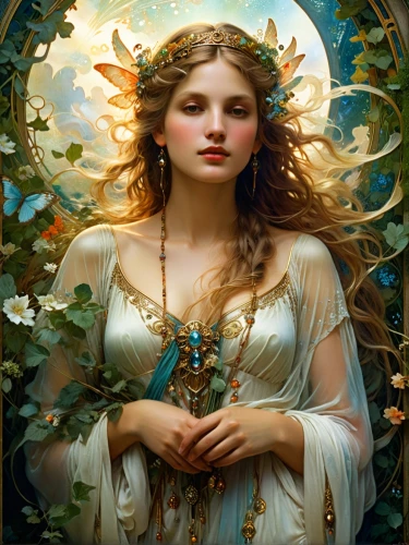 faery,margaery,faerie,persephone,mucha,galadriel,margairaz,fairie,fairy queen,imbolc,golden wreath,girl in a wreath,ophelia,frigga,ostara,fantasy portrait,mystical portrait of a girl,melusine,jessamine,titania,Conceptual Art,Fantasy,Fantasy 05