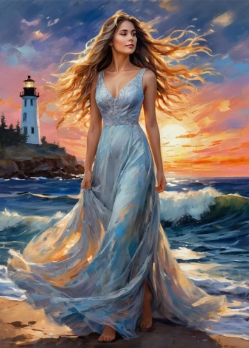 celtic woman,girl in a long dress,the wind from the sea,fantasy picture,amphitrite,the sea maid,art painting,fantasy art,world digital painting,photo painting,sea landscape,mermaid background,oil painting on canvas,oil painting,romantic portrait,little girl in wind,sirene,margairaz,atlantica,by the sea,Conceptual Art,Oil color,Oil Color 10