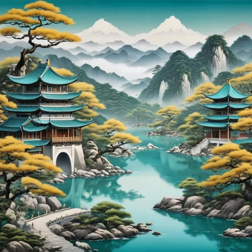 oriental painting,japanese art,ukiyoe,japan landscape,cool woodblock images,asian architecture,cartoon video game background,oriental,japanese background,hiroshige,jinchuan,khokhloma painting,mountain scene,wudang,rongfeng,mengzi,tianxia,huijin,bird kingdom,landscape background,Photography,General,Realistic