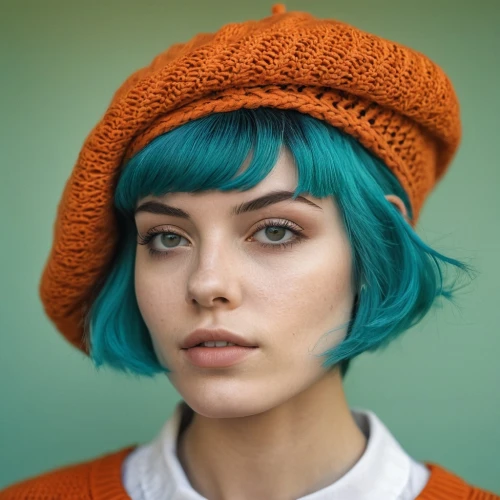 teal and orange,turquoise wool,beret,beanie,knit hat,knitted cap with pompon,color turquoise,turquoise,girl wearing hat,teal,mushroom hat,elf hat,clementine,bobble cap,bonnet,turban,turquoise leather,winter hat,blue hair,orange color,Photography,General,Realistic