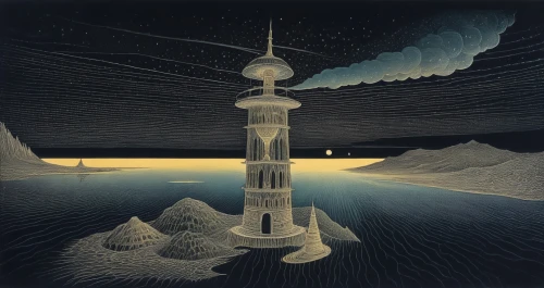 schuiten,schuitema,minarets,dieckmann,sedlacek,moebius,chirico,innervisions,magritte,orthanc,siggeir,lighthouse,electric lighthouse,observatory,surrealism,quintesson,lunar landscape,extrasolar,mcquarrie,mosques,Illustration,Black and White,Black and White 23