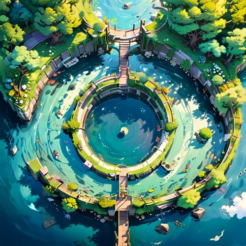 swim ring,wishing well,crescent spring,koi pond,spiral,time spiral,circle,arbor,lagoon,water spring,ghibli,studio ghibli,artificial islands,island suspended,tiny world,oasis,pond,colorful spiral,little planet,mountain spring,Anime,Anime,Realistic