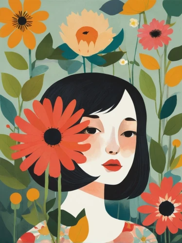 girl in flowers,retro flowers,flower illustrative,orange blossom,flower and bird illustration,floral background,flower painting,daisies,flower illustration,flower girl,cartoon flowers,retro modern flowers,floral doodles,autumn daisy,summer flower,flower drawing,flora,japanese floral background,floral poppy,summer flowers,Illustration,Vector,Vector 08