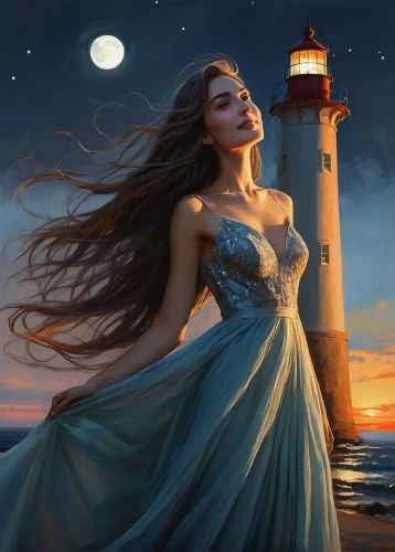 fantasy picture,lighthouse,nightdress,amphitrite,fantasy art,atlantica,light of night,sea night,phare,fathom,blue moon rose,dreamscapes,lighthouses,ariadne,moonlit night,guiding light,celtic woman,the wind from the sea,electric lighthouse,light house,Illustration,Paper based,Paper Based 05