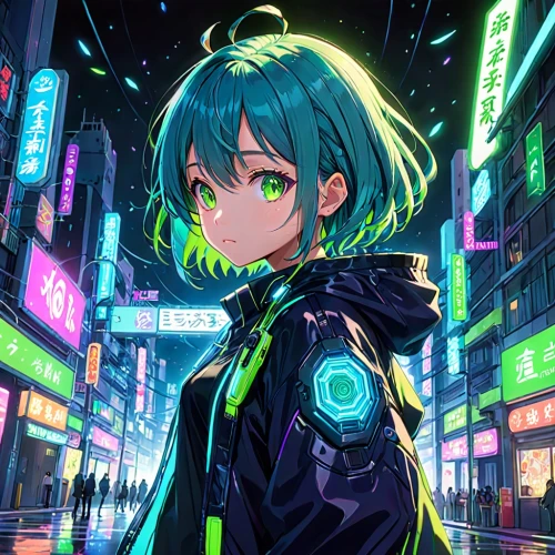 akihabara,shibuya,ikebukuro,akiba,hatsune miku,midori,neon light,miku,neon,aoba,cyberpunk,cyberworld,cybercity,shinjuku,sonika,cyber,makoto,aqua,protagonist,rebiya,Anime,Anime,Traditional