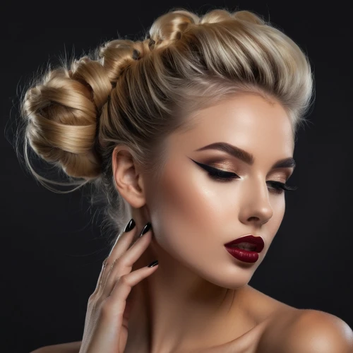 updo,chignon,topknot,vintage makeup,penteado,contoured,injectables,women's cosmetics,retouching,airbrushed,hairpieces,hairdressing salon,blonde woman,tresses,bun mixed,primped,portrait background,bouffant,beauty salon,rhinoplasty,Photography,General,Fantasy